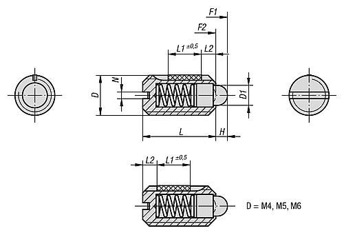 Federndes Druckstück Standard Federkraft M04 L=9 Stahl, LONG-LOK, Komp: Bolzen aus Stahl - K0323.04 - bei HUG Technik ✭