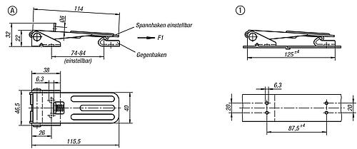 Zeichnung Spannverschluss einstellbar, Form: C Edelstahl, Anschraubbohrung verdeckt - K0049.3631162 - kommt direkt von HUG Technik 😊