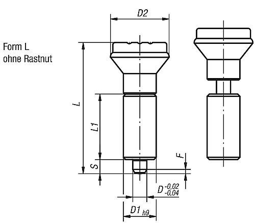 Arretierbolzen Gr.1, Form: L Edelstahl, gehärtet, Komp: Thermoplast, D1=12, D=5 - K0347.01105 - erhältlich bei ✭ HUG Technik ✓