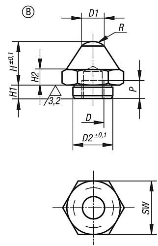 Auflagebolzen mit Zapfen M06 H=16,5, Form: B Vergütungsstahl, T=17 - K0295.206012 - bei HUG Technik ✓