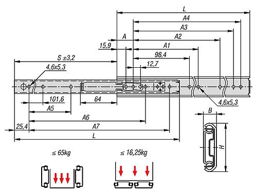 Teleskopschiene L=305 9,5X35,3, Teilauszug S=201,5, Fp=65, Stahl verzinkt, Montage seitlich, 1 Stück - K1711.0305 - bei HUG Technik ✓