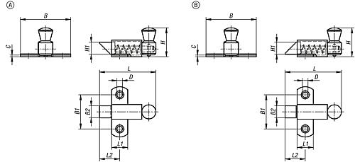 Riegel mit Rückstellfeder Form A Riegel Nach Oben L=36,5, B=35, Messing - K1668.036351 - bei HUG Technik ✭