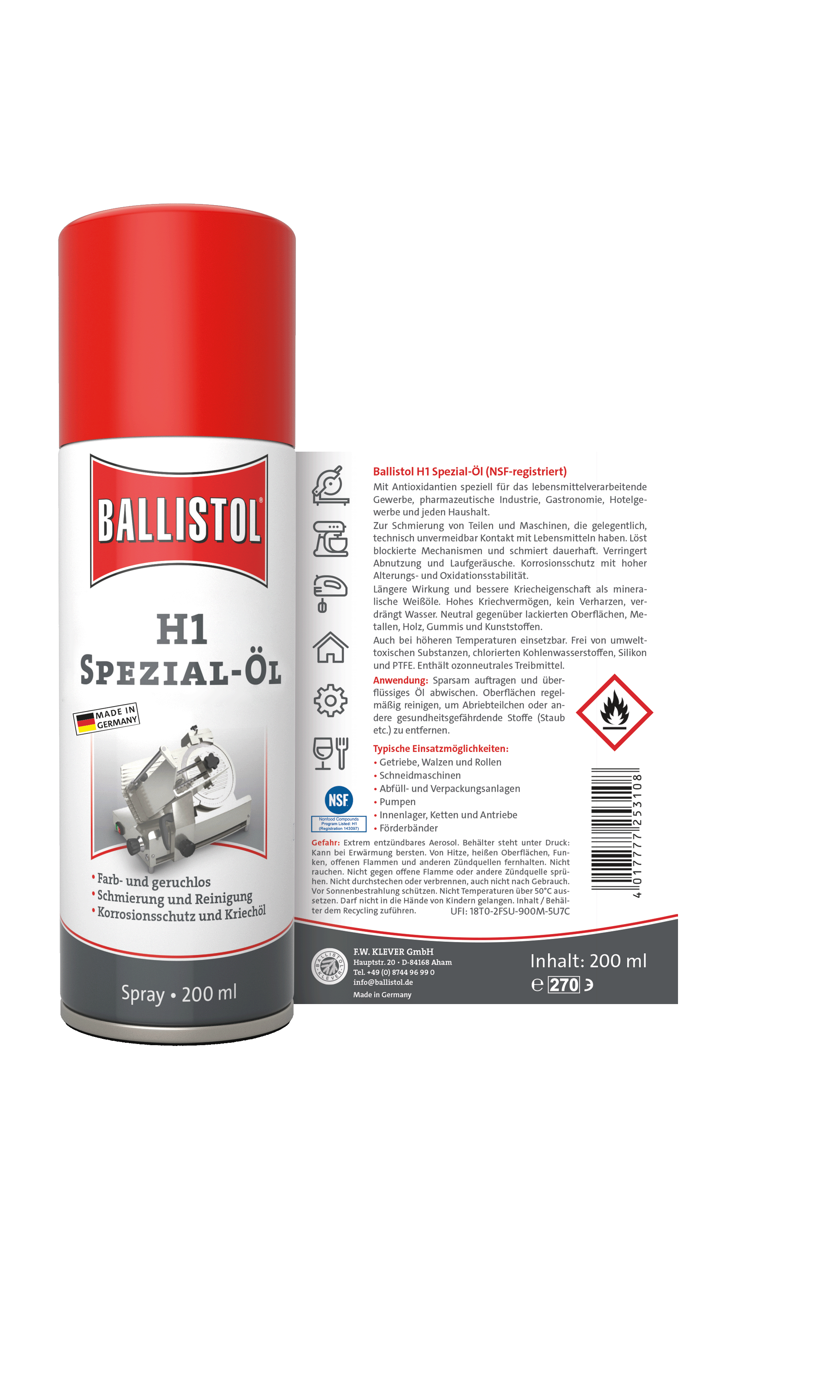 Rückseite Ballistol H1 Spezial-Öl Spray 200 ml