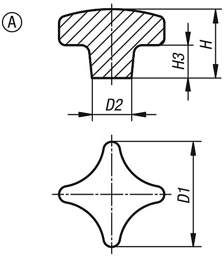 Kreuzgriff gleitgeschliffen D1=40, Form: A Aluminium - K0145.104008 - direkt von HUG Technik ✓