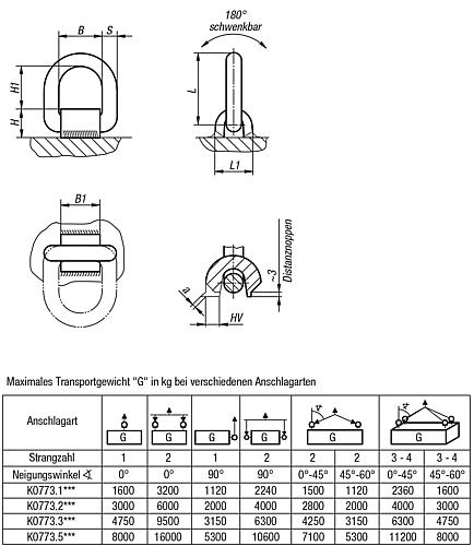 Zeichnung Anschlagpunkt schweißbar Stahl, mit Federband, B=40 - K0773.1001 - erhältlich bei ✭ HUG Technik ✓