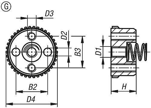 Zeichnung Rastelement mit Außenverzahnung, Form: G, D4=23, N=38, H=9,5, Edelstahl blank, Komp: Edelstahl - K1446.172338 - gibt’s bei ☆ HUG Technik ✓