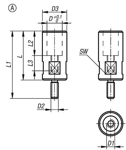 Spannhakenaufnahme, Form: A mit Vierkant, D1=M04, D2=M06, L=35, Vergütungsstahl schwarz brüniert - K0017.04035 - bei HUG Technik ✓