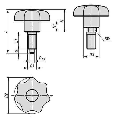 Arretier- und Spanngriff Gr.1 D2=32, M08, L=39, L1=15, D=4, Automatenstahl verzinkt, Komp: Thermoplast schwarzgrau - K1582.108040 - bei HUG Technik ♡