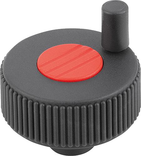 Rändelrad mit GRIFF Gr.1 D1=6, Form:H Thermoplast, schwarz RAL7021, Komp: Stahl, Komp: rot RAL3020, D=40 - K0262.21066 - erhältlich bei ♡ HUG Technik ✓