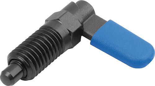 Sperrriegel mit Anschlag, rechts, D=8, M16, Form:C m. Gewindehülse, m. Kappe, Stahl brüniert, Komp:Polypropylen blau - K1674.206081687