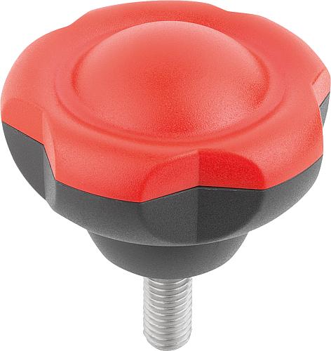 Fünfsterngriff M10x20 Thermoplast, schwarz RAL7021, Komp: Edelstahl, Komp: rot RAL3020, D=50 - K0255.501016X20 - bei HUG Technik ♡