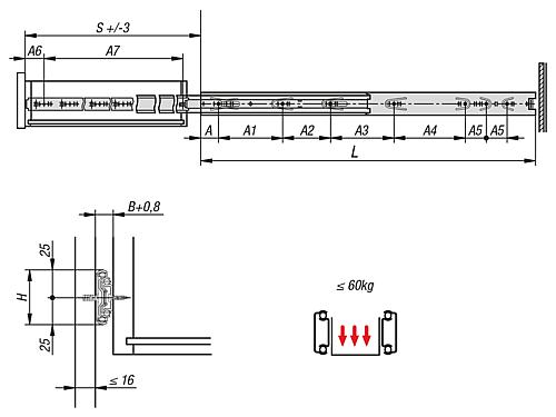 Teleskopschiene L=250 12,7X50, Überauszug S=288, Fp=60, Stahl verzinkt und passiviert, Montage seitlich, 1 Paar - K1578.0250 - erhältlich bei ✭ HUG Technik ✓