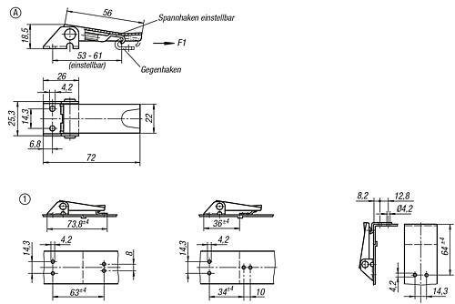 Zeichnung Spannverschluss einstellbar, Form: A Edelstahl, Anschraubbohrung sichtbar - K0046.1420722 - bei HUG Technik ✭