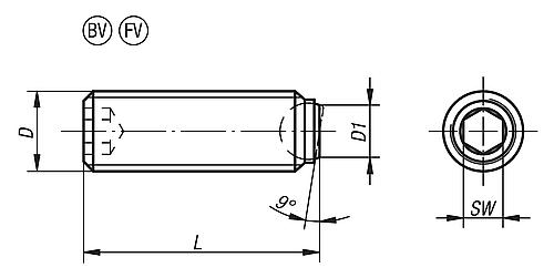 Zeichnung Kugeldruckschraube ohne Kopf M08, Form:BV VERGÜTUNGSSTAHL L2=20,3 - K0383.50820 - erhältlich bei ♡ HUG Technik ✓