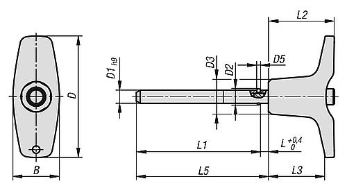 Kugelsperrbolzen mit Kopfarretierung mit T-Griff, D1=10, L5=100, Edelstahl 1.4305 blank, Komp: Thermoplast - K1415.206310100 - bei HUG Technik ✭