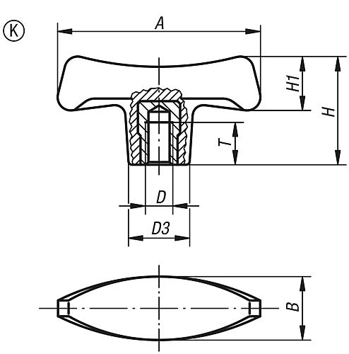 T-Griff Innengewinde, A=70 Duroplast, Komp: Stahl - K0181.17006 - bei HUG Technik ♡