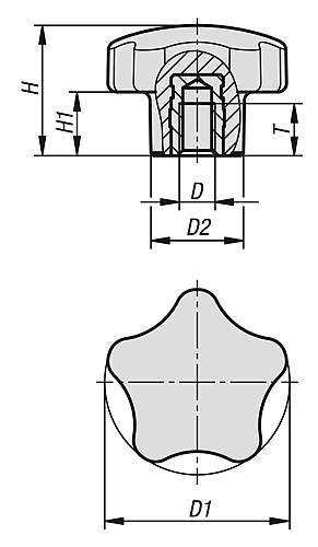 Fünfsterngriff poliert M06, Form: K Duroplast, schwarz, Komp: Edelstahl, Komp: blank, D1=40 - K1297.14006 - bekommst Du bei ★ HUG Technik ✓