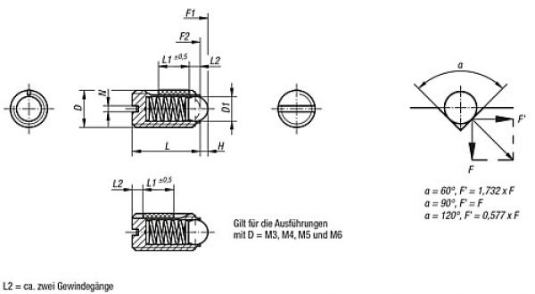 Federndes Druckstück Standard Federkraft M03 L=7 Edelstahl, LONG-LOK, Komp: Kugel aus Edelstahl - K0322.03 - bei HUG Technik ✭
