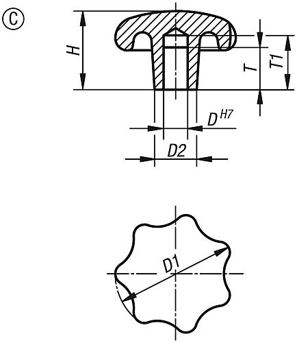 Sterngriff gleitgeschliffen D1=40, Form: C Aluminium, D4=8 - K0149.34008 - bei HUG Technik ✭