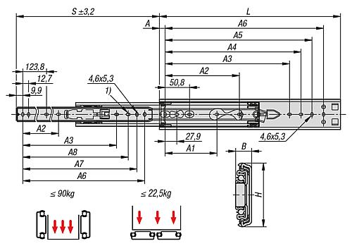 Teleskopschiene L=305 12,7X51,6, Überauszug S=330, Fp=56, Edelstahl blank, Montage seitlich, 1 Stück - K1716.0305 - erhältlich bei ♡ HUG Technik ✓