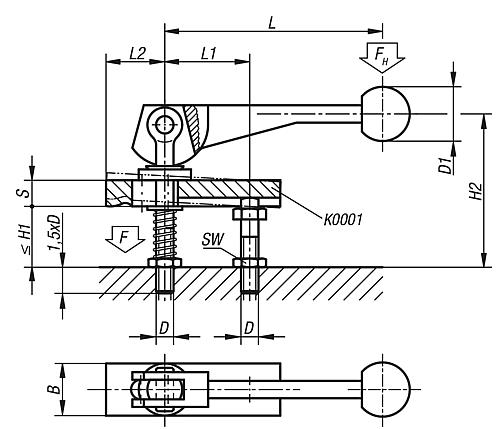 Zeichnung Exzenterspanner mit Mittelspannung M08 Vergütungsstahl, Komp: Vergütungsstahl - K0011.08 - erhältlich bei ✭ HUG Technik ✓