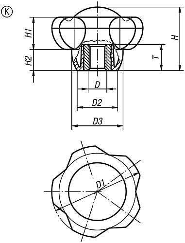 Fünfsterngriff M08 Thermoplast, schwarz RAL7021, Komp: Edelstahl, Komp: gelb RAL1021, D=50 - K0255.500817 - bei HUG Technik ✭