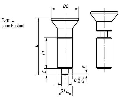 Arretierbolzen gehärtet Gr.0, Form: L Edelstahl, Komp: Thermoplast, D1=10, D=4 - K0346.01004 - bei HUG Technik ✭