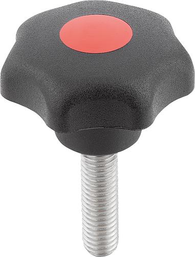 Sterngriff M05x15 D1=25, Form: L Thermoplast, schwarz, Komp: Edelstahl, Komp: rot RAL3020 - K0154.4056X15 - direkt bei HUG Technik ✓