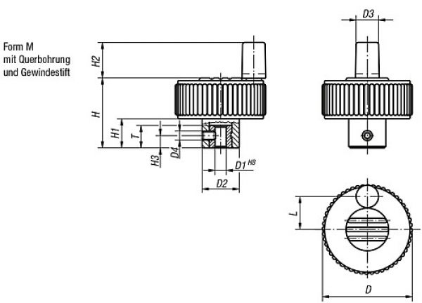 Rändelrad mit GRIFF Gr.1 D1=6, Form:M Thermoplast, schwarz RAL7021, Komp: Stahl, Komp: gelb RAL1021, D=40 - K0262.11067 - bei HUG Technik ♡