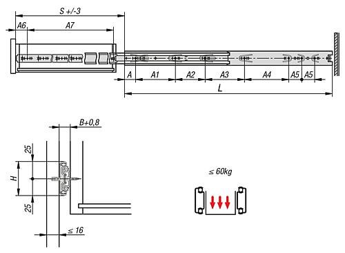 Teleskopschiene L=250 12,7X50, Überauszug S=288, Fp=60, Stahl verzinkt und passiviert, Montage seitlich, 1 Paar - K1578.0250 - erhältlich bei ✭ HUG Technik ✓