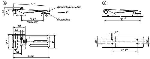 Zeichnung Spannverschluss einstellbar, Form: B Edelstahl, Anschraubbohrung verdeckt - K0049.2631162 - bei HUG Technik ♡
