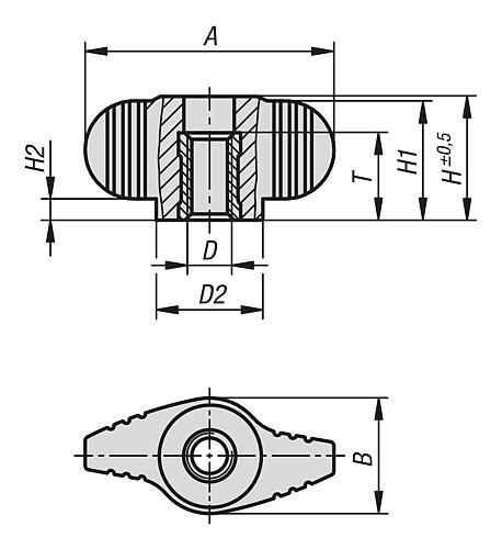 Flügelgriff Miniwing M04, Form: D Thermoplast, schwarz RAL7021, Innengewinde durchgehend, Komp: Edelstahl - K0658.10004 - bei HUG Technik ☆