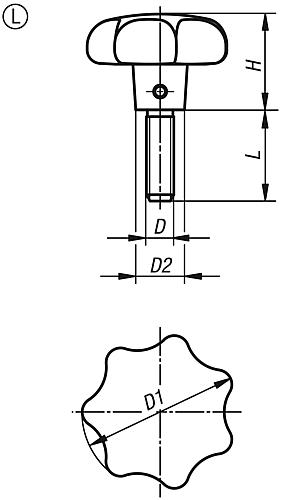 Sterngriff DIN6336 M08X20 D1=40 H=25, Form: L, Aluminium, Komp:Edelstahl - K0149.64008X20 - bei HUG Technik ✓
