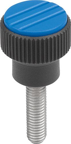 Rändelknopf Gr.1 D=M05x10, D1=21, H=22, Thermoplast schwarz RAL7021, Komp: Edelstahl, Deckel: blau RAL5017 - K0247.01053X10 - direkt bei HUG Technik ✓