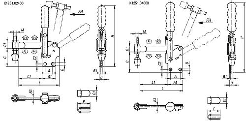 Zeichnung Schnellspanner Vertikal L=103,4 Stahl, Fuß senkrecht, Komp: Kunststoff, Komp: rot, F2=2400 - K1251.02400 - bei HUG Technik ✭