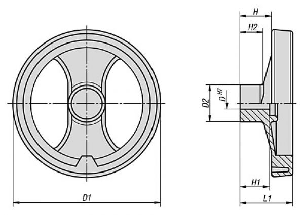 2-Speichen-Handrad mit Nut D1=129 Polyamid, ohne Griff, D=12 - K0725.1130X12 - bei HUG Technik ✓