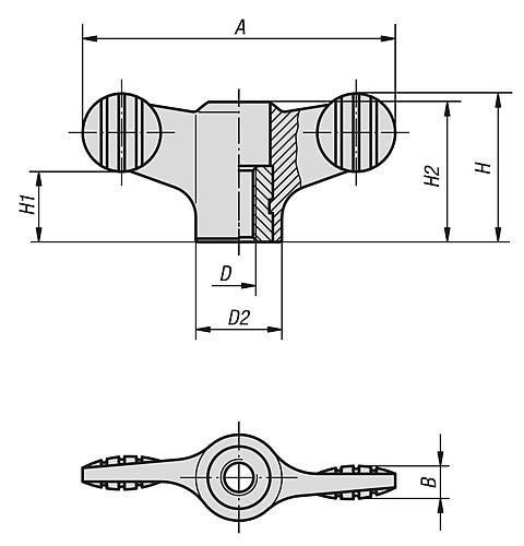 Flügelgriff M04, A=38, Form: D Thermoplast, schwarz RAL7021, Innengewinde durchgehend, Komp: Edelstahl - K0274.10904 - bei HUG Technik ✭