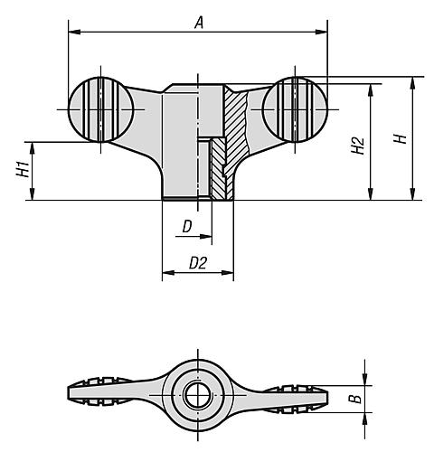 Flügelgriff M05, A=38, Form: D Thermoplast, schwarz RAL7021, Innengewinde durchgehend, Komp: Edelstahl - K0274.10905 - direkt bei HUG Technik ✓
