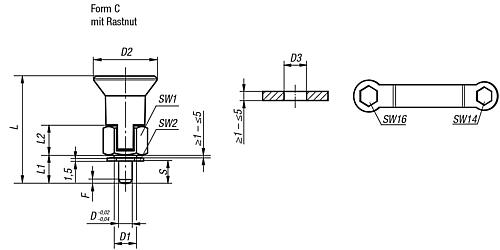 Arretierbolzen für dünnwandige Teile Gr.1 M10X1, Form: C Stahl, gehärtet, Komp: Thermoplast, D=5 - K0735.33105 - gibt’s bei ☆ HUG Technik ✓