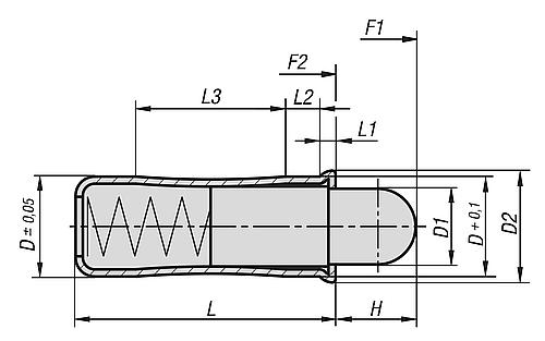 Zeichnung Federndes Druckstück Standard Federkraft, glatte Ausführung, D=10 L=26, Edelstahl, Komp: Edelstahl - K1172.10 - direkt von HUG Technik ✓