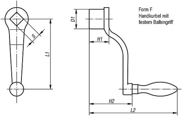 Handkurbel gekröpft L2=109, Form:F Grauguss, feststehend, Komp:Grauguss, S=10 +0,2 L1=80 - K0684.108X10 - bei HUG Technik ☆