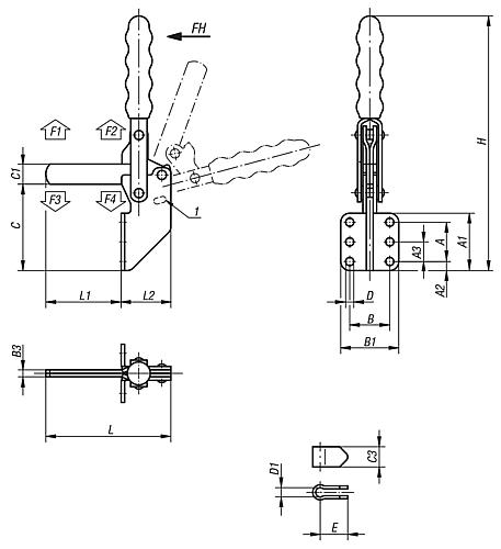 Zeichnung Schnellspanner vertikal Stahl, Komp: Kunststoff - K0064.0300 - bei HUG Technik ✭