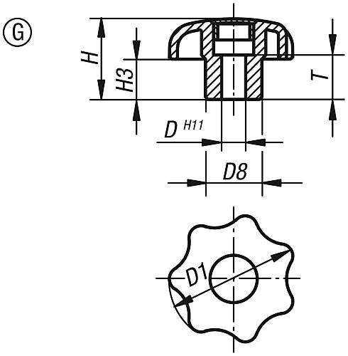 Sterngriff Passbohrung D1=25, Form: G Thermoplast, schwarz, Komp: Stahl, Komp: gelb RAL1021 - K0155.3057 - bei HUG Technik ✭