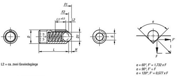 Federndes Druckstück Standard Federkraft M03 L=9 Stahl, LONG-LOK, Komp: Kugel aus Stahl - K0325.03 - direkt bei HUG Technik ✓