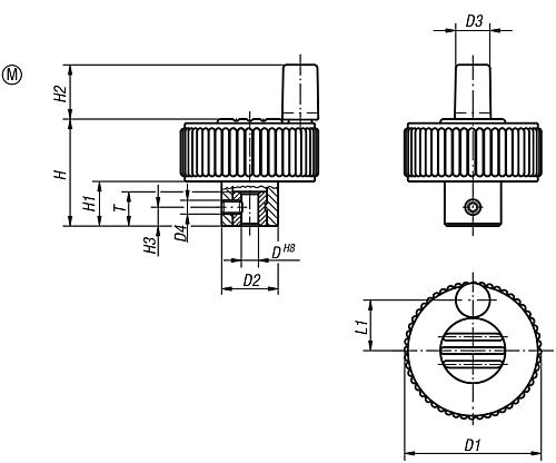 Rändelrad mit Griff Gr.1, D1=40, Form: M mit Querbohrung, Thermoplast schwarz RAL7021, Komp: Stahl Deckel: blau - K0262.11063 - gibt’s bei ☆ HUG Technik ✓